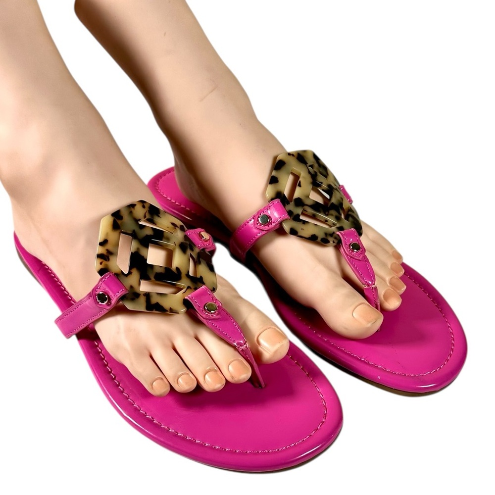 NWT J. McLaughlin Lucy Thong Pink Leather Sandals with Tortoise Shell Medallion - Picture 3 of 11